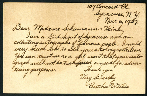 Bertha Willis letter to Schumann-Heink, 1927 November 06
