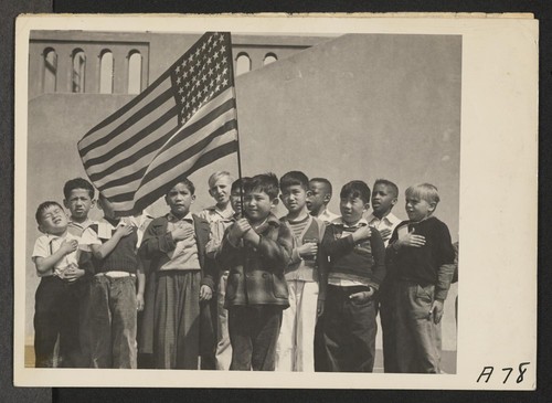 Flag of allegiance pledge at Raphael Weill Public School, Geary and Buchanan Streets. Children in families of Japanese ancestry were