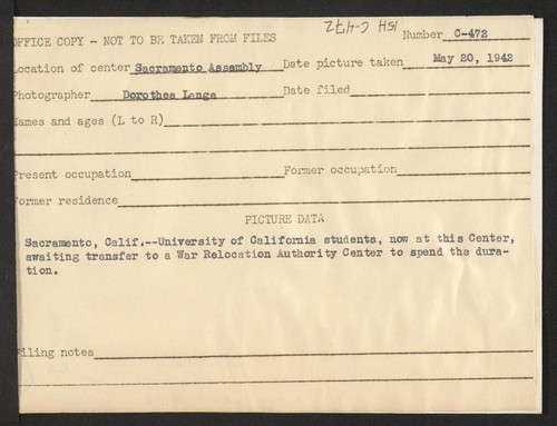 Sacramento, Calif.--University of California students, now at this Center, awaiting transfer to a War Relocation Authority Center to spend the duration. Photographer: Lange, Dorothea Sacramento, California