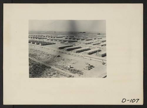 Eden, Idaho--A panorama view of the Minidoka War Relocation Authority center. This view, taken from the top of the water tower at the east end of the center, shows partially completed barracks. Photographer: Stewart, Francis Hunt, Idaho