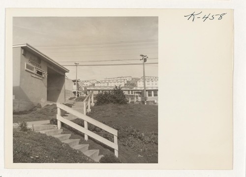 Entrance to the cafeteria and a section of the temporary housing units at Hunters Point in San Francisco, where returning