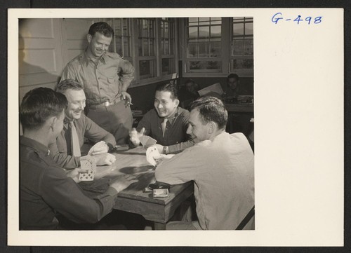 1st Lt. Shigeru Tsubota playing bridge with other officer patients at the Moore General Hospital, Swannanoa, North Carolina. Lt. Tsubota