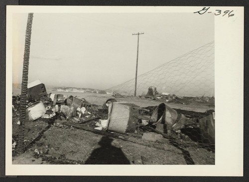 47 electric washing machines were destroyed in a Christmas night 1943 blaze in Block 202, Poston Unit II. Two mangles, 29 gas stoves, 8 electric refrigerators and an electric stove also were destroyed. The buildings served as warehouses for evacuee and personnel household goods. Poston, Arizona