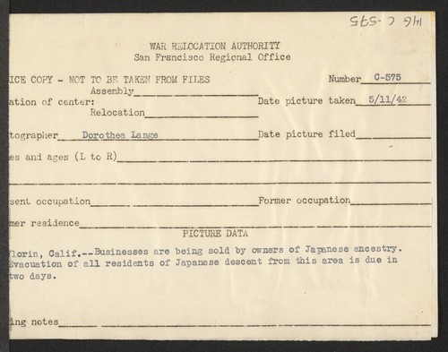 Florin, Calif.--Businesses are being sold by owners of Japanese ancestry. Evacuation of all residents of Japanese descent from this area is due in two days. Photographer: Lange, Dorothea Florin, California