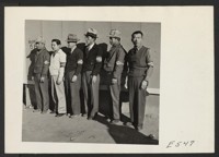 Six volunteers of the civilian police demonstrate their new identifying arm bands. The design of the band signifies the rank of the wearer. From left to right Patrolman, throughout the various grades to the Chief. Photographer: Parker, Tom Amache, Colorado