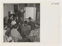 At a preliminary meeting, interested residents at the Heart Mountain Relocation Center, where persons of Japanese ancestry, evacuated from west
