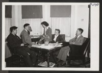 The Inouyes form a happy family group in the Philadelphia Hostel. Mr. and Mrs. S. Inouye are the managers of the Hostel, while George, William, and Miyoko attend nearby Swarthmore College. The family relocated from Jerome. Philadelphia, Pennsylvania