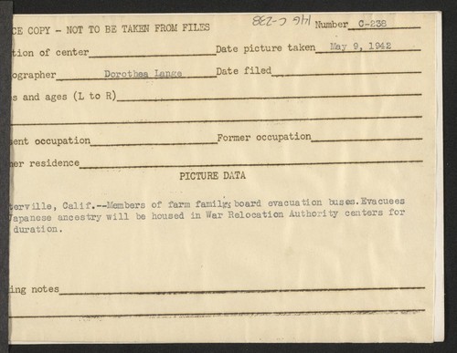Members of farm families board evacuation buses. Evacuees of Japanese ancestry will be housed in War Relocation Authority centers for the duration. Photographer: Lange, Dorothea Centerville, California