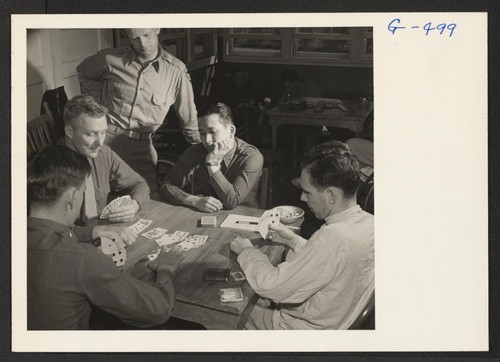 1st Lt. Shigeru Tsubota playing bridge with other officer patients at the Moore General Hospital, Swannanoa, North Carolina. Lt. Tsubota