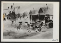 Dust Storm - Poston. This entry in the art exhibit recently held at Cambridge, Massachusetts, under the sponsorship of the Friends Meeting, received honorary mention. ARTIST: Gene T. Sogioka, Colorado River Relocation Center, Poston, Arizona. Cambridge, Massachusetts