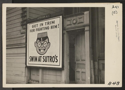 As evacuation of residents of Japanese ancestry progressed in April 1942, this sign (above), advertising a swimming pool, was posted in many San Francisco districts. Evacuees will be housed in War Relocation Authority centers for the duration. Photographer: Lange, Dorothea San Francisco, California