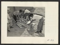 Early arrivals preparing benches and make shift seats to provide temporary furniture in their barracks. Former residence: Merced Assembly Center, Merced, California. Photographer: Parker, Tom Amache, Colorado