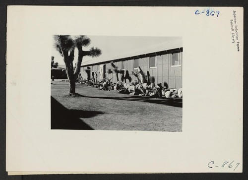 Manzanar, Calif.--A view of the garden strip arranged by William Katsuki, former landscape gardener from Southern California, alongside his home in the barracks at this War Relocation Authority center for evacuees of Japanese ancestry. Photographer: Lange, Dorothea Manzanar, California