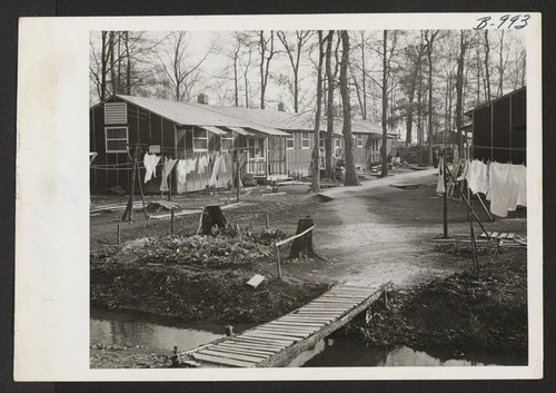 View of barracks at Rohwer Relocation Center showing front yards and drainage ditch which surrounds each block. Photographer: Van Tassel, Gretchen McGehee, Arkansas