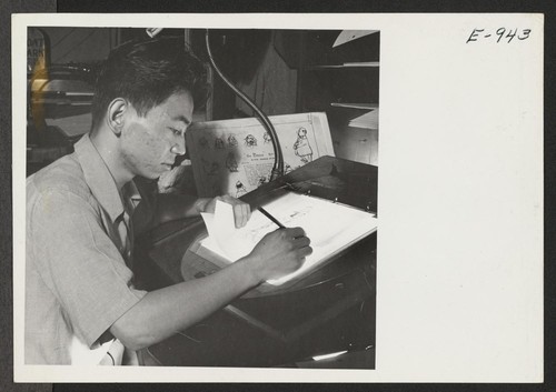 James Tanaka works in the New York City studios of a movie cartoon producer. James worked for five years in the studios of Walt Disney and secured his present position while at the Rohwer Relocation Center in Arkansas. Photographer: Parker, Tom New York, New York