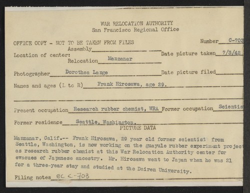 Manzanar, Calif.--Frank Hirosawa, 29-year-old former scientist from Seattle, Washington, is now working on the guayule rubber experiment project as a