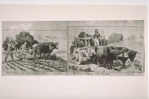 Copy of pen sketches of Mexican plow and cart. Taken at Santa Barbara Mission in 1944