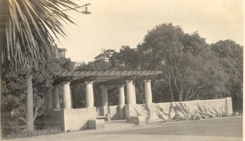 Pergola feature at end of bridge, Oakland, California