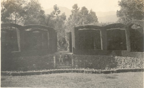 Outdoor theatre of cypress; view from stage, Bothin, Montecito