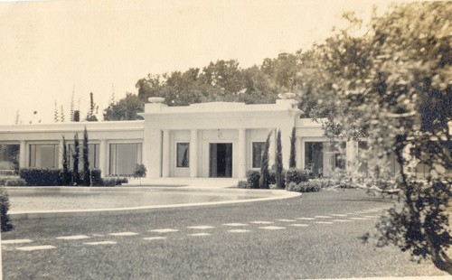 Bathhouse, pool, and stepping stones at George O. Knapp Estate