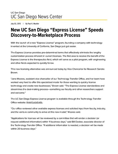 New UC San Diego "Express License" Speeds Discovery-to-Marketplace Process
