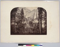 [Yosemite:] YoSemite Falls 2534 feet. First Fall = 1000 ft. Second Fall = 434 ft. Third Fall = 600 ft. [Taken among trees, with Lower Fall to left of Upper Fall.]