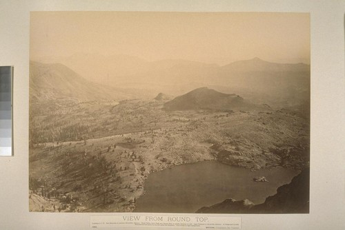View from Round Top. Looking N. W. Red Mountain in extreme middle left distance. Hope Valley, Job's Peak and Carson Pass in middle distance on left. Lake Collonna in left middle distance. In foreground is Lake Winnemucca and back of it the hill called the Elephant. Cory's Peak in right background