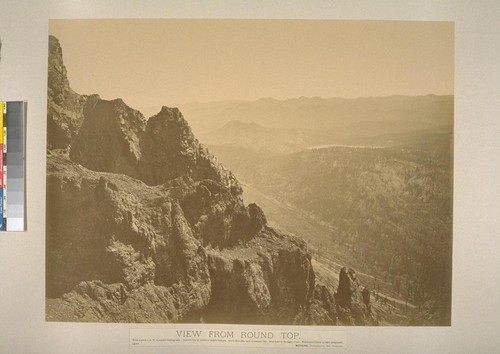 View from Round Top. From a point S.S.W. of summit looking east. Summit City in middle of middle distance. Silver Mountain back of Summit City. Blue Lake to the right of last. Mokelumne Canon in right foreground