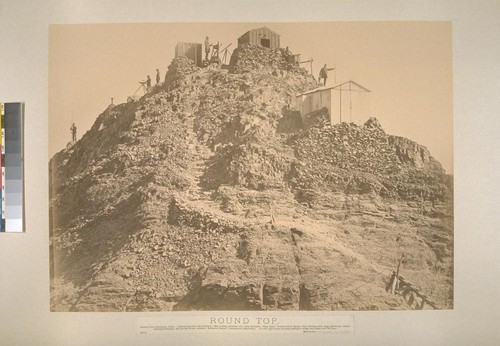 Round Top. Azimuth from west across chasm. Instruments from left as follows:-Man holding bitimeter rod; Solar Radiador; Plane Table; Vertical