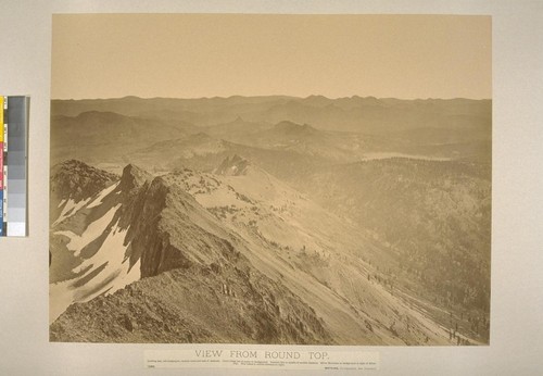 View from Round Top. Looking east, left foreground, vertical walls just east of Azimuth. Cory's Peak left of center in background. Summit City middle of middle distance. Silver Mountain in background to right of Silver City. Blue Lakes in middle distance on right