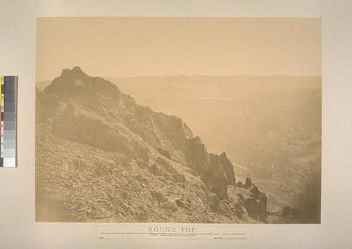 Round Top. From western edge looking east. Trail (blasted out) on extreme left foreground. Station Observations etc. in same. Summit City in middle of middle distance. To right of middle distance lie [sic] Blue Lake. Mokelumne Canon winding to foreground on left