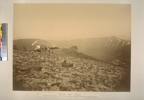 From Mt. Lola, North Head on left, wide trail along snow. To right of same is Lake Independence. Sphinx Head in middle foreground. South Head on the right