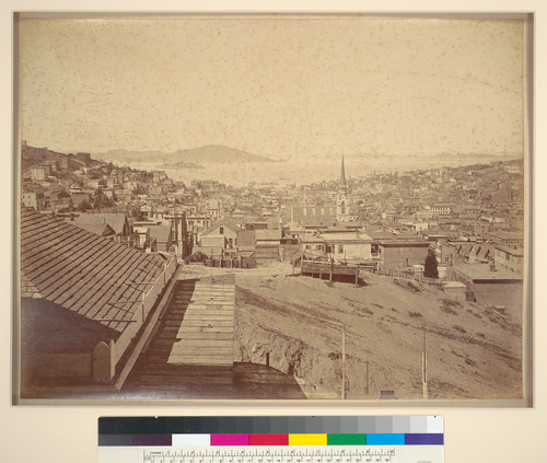 [Panorama of San Francisco from California and Powell Streets, showing Alcatraz, North Beach, and the slopes of Russian and Telegraph Hills.]