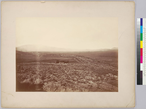 End of the Carson-Tahoe Lumber and Flume Co. flume, showing branches and lumber yard [Comstock mining region, Nevada]