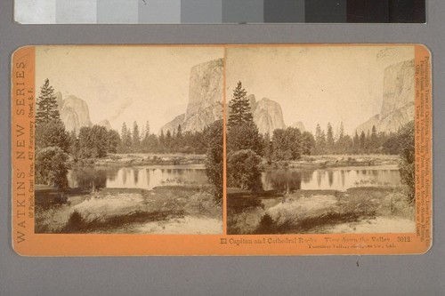 El Capitan and Cathedral Rocks. View down the Valley. Yosemite Valley, Mariposa Co., Cal