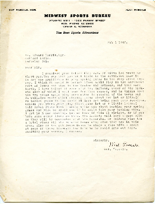 Oakland Larks Baseball Club correspondence from Mat Pascale