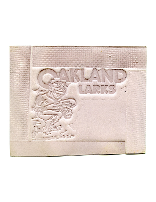 Oakland Larks Baseball Club window cards of players and Larks logo