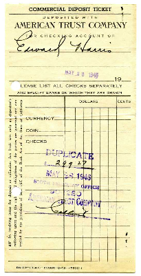 Oakland Larks Baseball Club deposit slips and daily statement of admissions