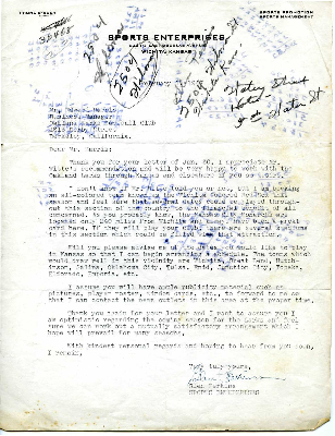 Oakland Larks Baseball Club correspondence from Sports Enterprises