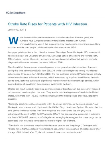 Stroke Rate Rises for Patients with HIV Infection