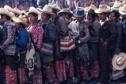Mayan men in line to vote, Sololá, 1982