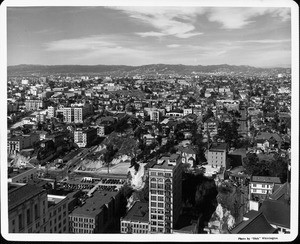 Panoramic view showing the Los Angeles Times building and surrounding buildings in Downtown Los Angeles, CA, ca.1939-1950
