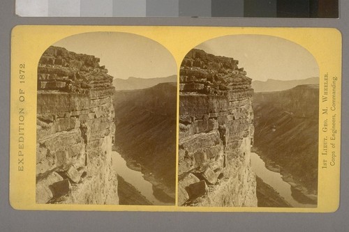 Marble Canon, one of the Gorges of the Colorado, here 1,200 feet deep. The steep cliff is grey limestone and the slope a brilliant red sandstone.--Photographer: Wm. Bell--Photographer's number: 30--Photographer's series: Expedition of 1872