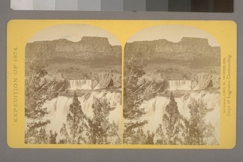 Shoshone Falls, Snake River, Idaho, looking through the timber and showing the main fall, and upper or "Lace Falls."--Photographer: T. H. O'Sullivan--Photographer's number: 49--Photographer's series: Expedition of 1871