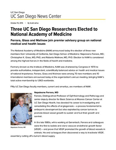 Three UC San Diego Researchers Elected to National Academy of Medicine