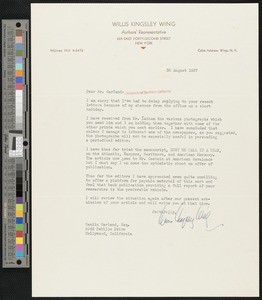 Willis Kingsley Wing, letter, 1937-08-30, to Hamlin Garland