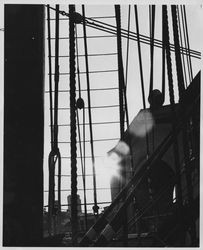 View of a pier archway through a Ship rigging, San Francisco, California, 1960
