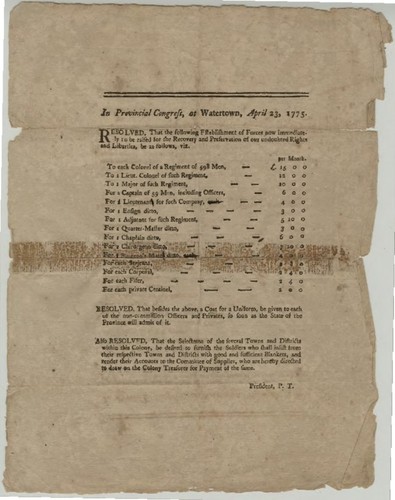 In Provincial Congress, at Watertown, April 23, 1775. Resolved, that the following Establishment of Forces now immediately to be raised for the Recovery and Preservation of our undoubted Rights and Liberties, be as follows…