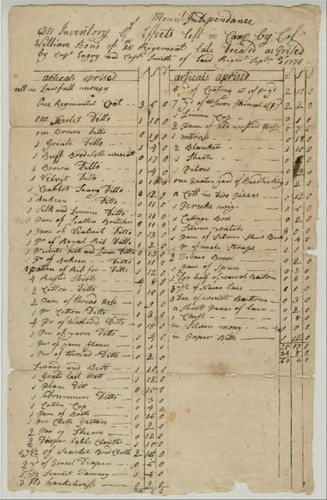 An Inventory of Effects left in Camp by Col. William Bond of 25th Rigement [sic] late decesed [sic] as Prised [sic] by Capt. Eagry and Capt. Smith of said Rigmt