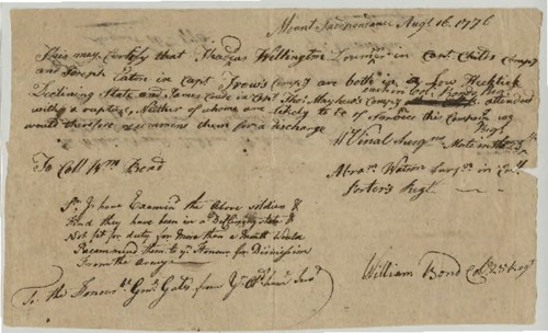 Recommendation of discharge for medical reasons for Thaddeus Willington Trummer and Joseph Eaton, both of Colonel Bond's 25th Regiment